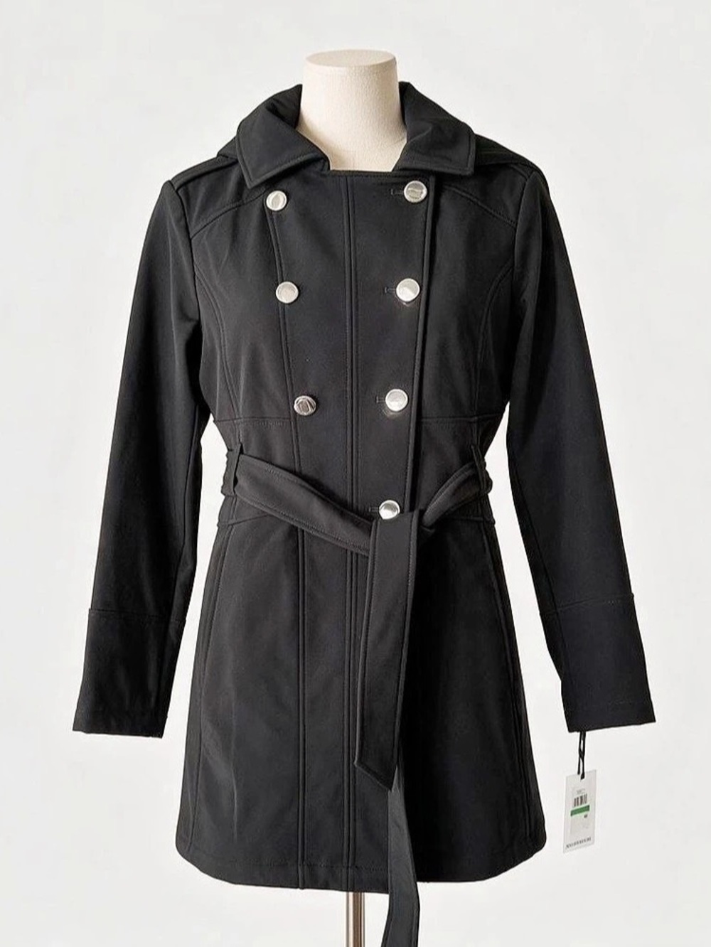 Kensie Hooded Double Breasted Soft Shell Trench Jacket Coat - Black - NWT